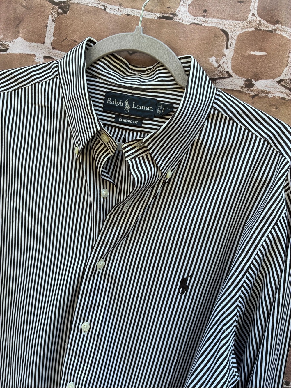 Vtg Ralph Lauren Classic Fit Black & White Stripe Button-Down Shirt size 16/L